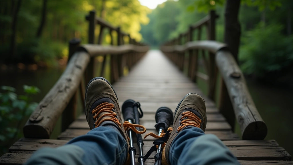 Wygodne buty trekkingowe na ścieżce, skarpety, plecak, kij spacerowy na drewnianym moście leśnym