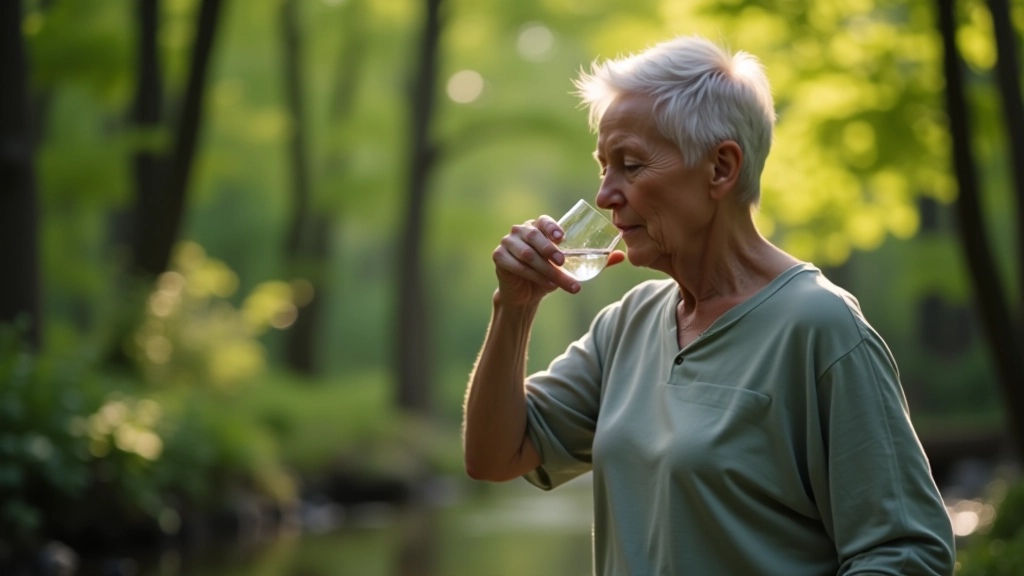 Osoba pijąca wodę ze źródła w lesie, spokojny wyraz twarzy, naturalne otoczenie lasu, poranny światło