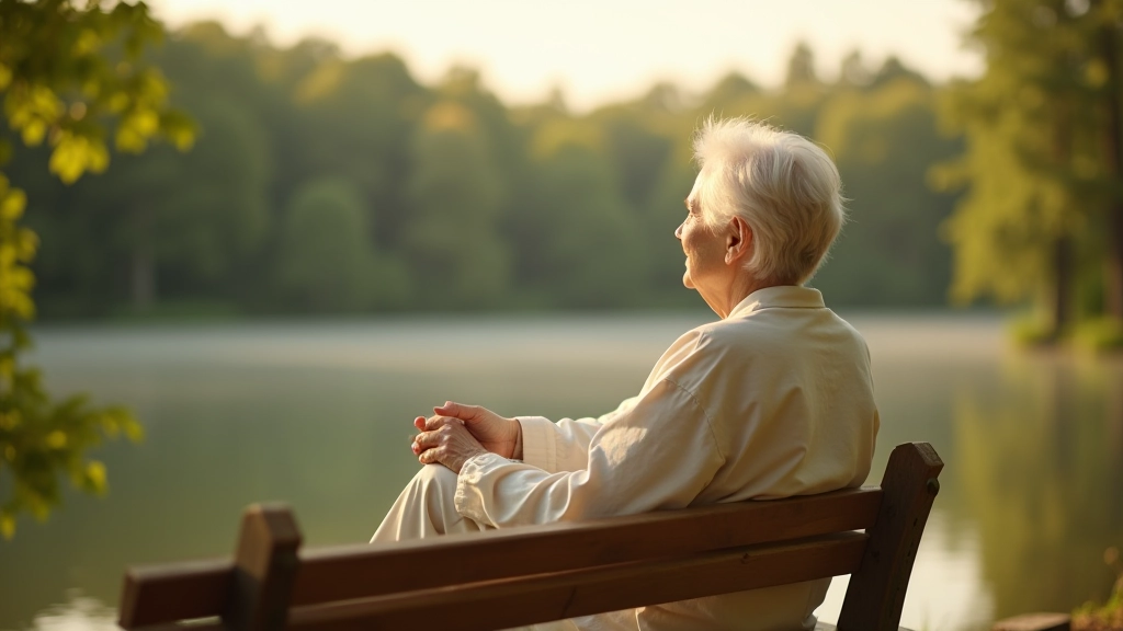 Senior kobieta siedząca na ławce nad jeziorem, relaksacja, natura, spokój, zdrowie